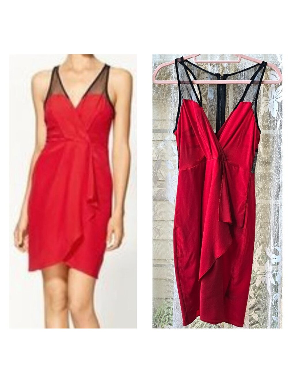 Greylin 100% Silk Sleeveless Mini Dress With Mesh Detail, XS, Black & Red